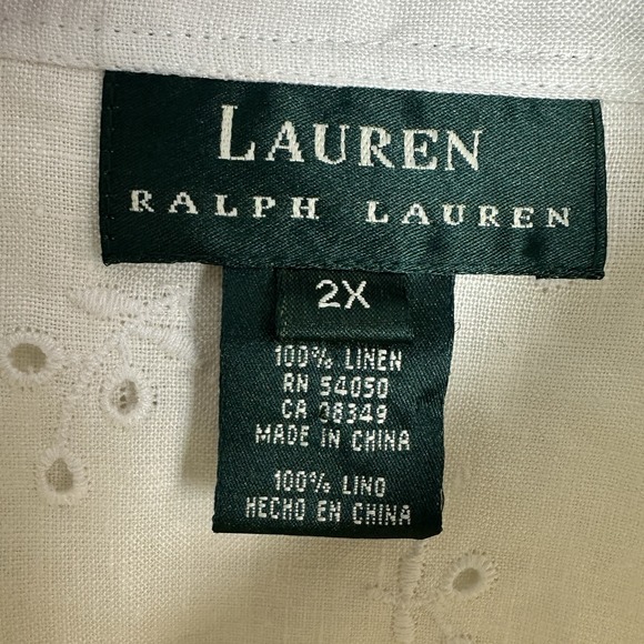 Lauren Ralph Lauren Linen Button Up Shirt Womens 2X Lace Eyelet Beachy New - Picture 2 of 8